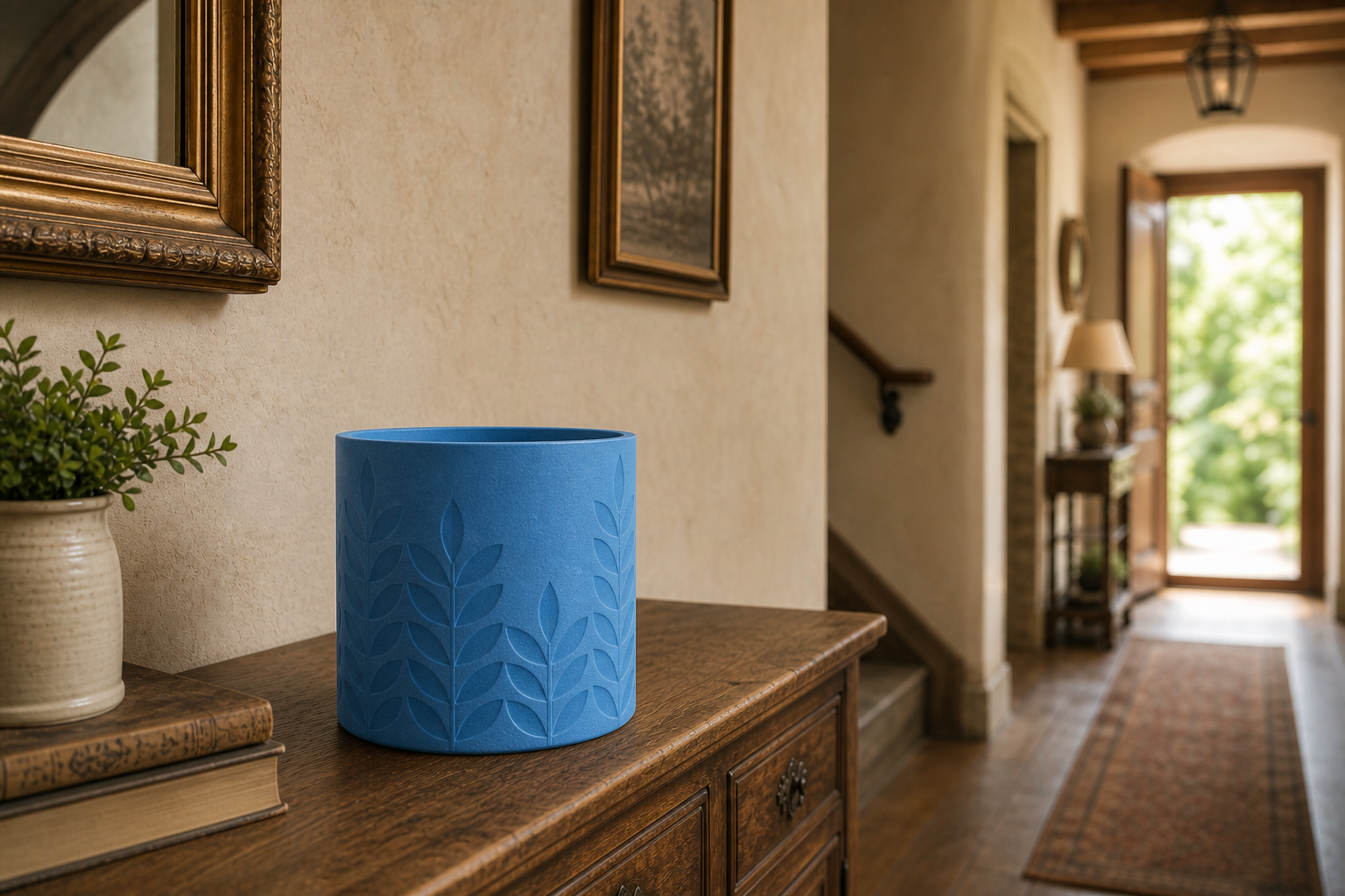 AI lifestylefoto van een matblauwe 3D-geprinte plantenpot met bladreliëf op een houten dressoir
