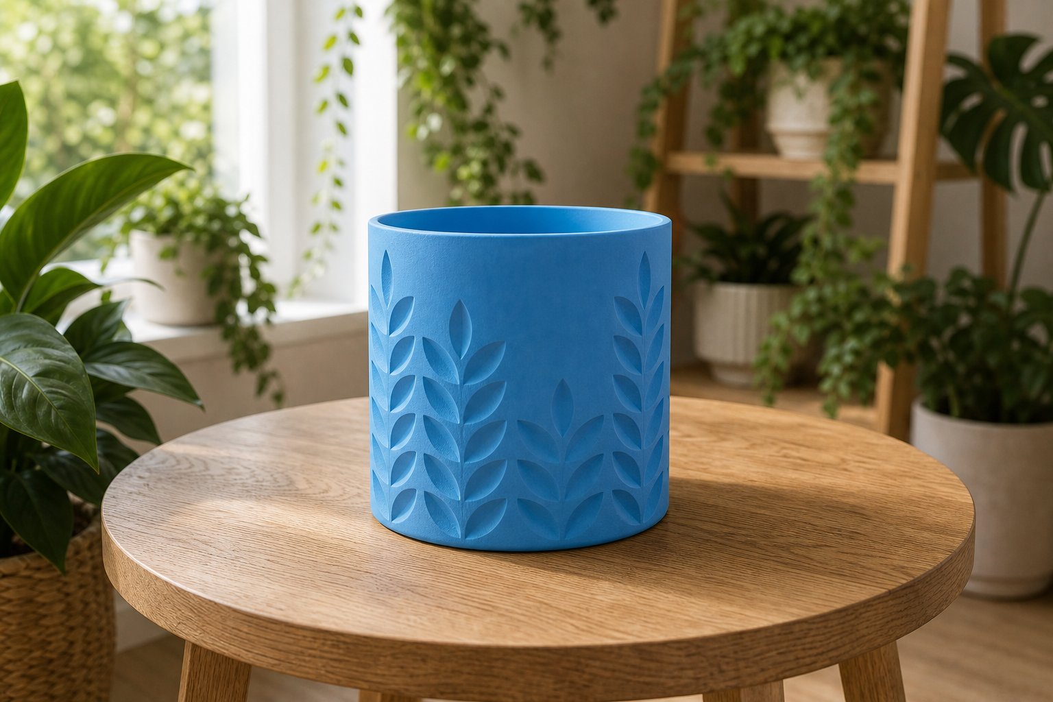 AI lifestylefoto van een matblauwe 3D-geprinte plantenpot met bladreliëf in een plantenhoek