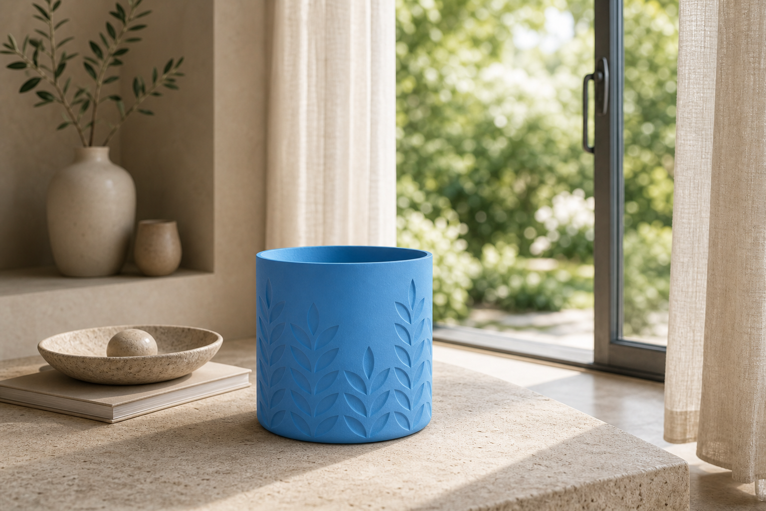 AI lifestylefoto van een matblauwe 3D-geprinte plantenpot met bladreliëf bij een raam met tuinzicht