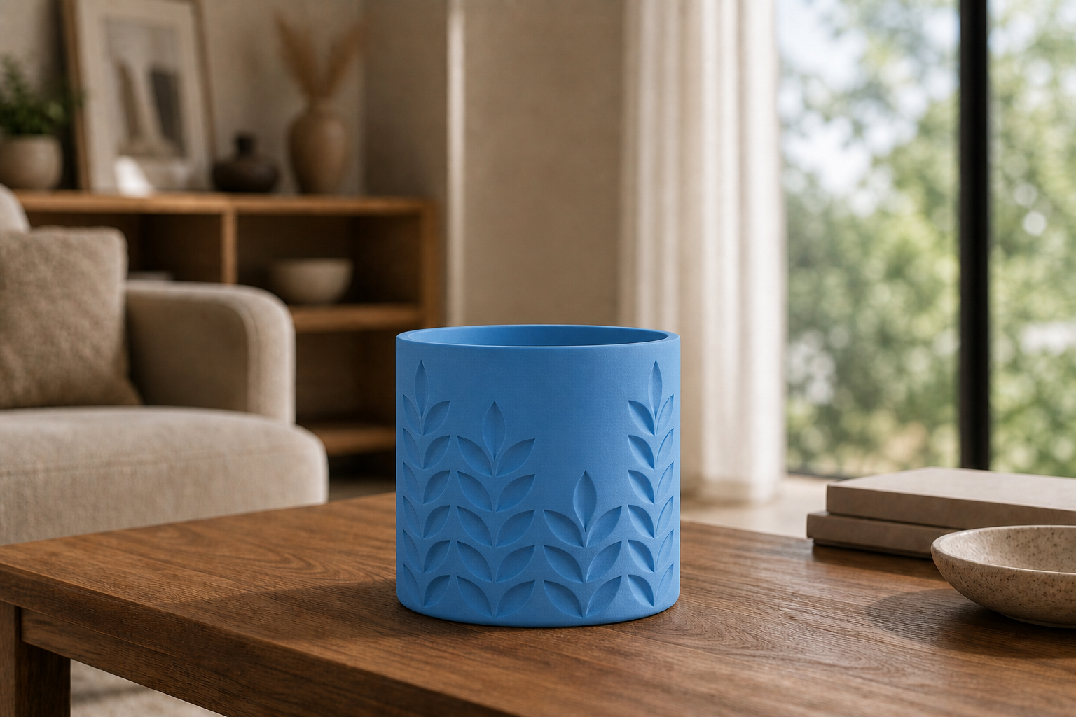 AI lifestylefoto van een matblauwe 3D-geprinte plantenpot met bladreliëf op een salontafel