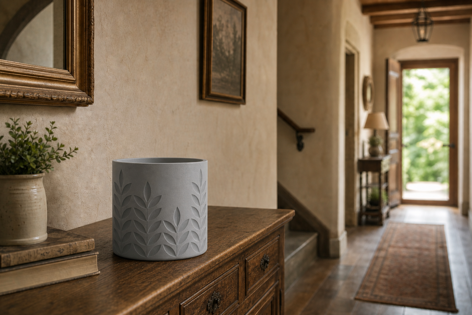 AI lifestylefoto van een mat grijs 3D-geprinte plantenpot met tarwe- en bladreliëf op een houten dressoir in een hal
