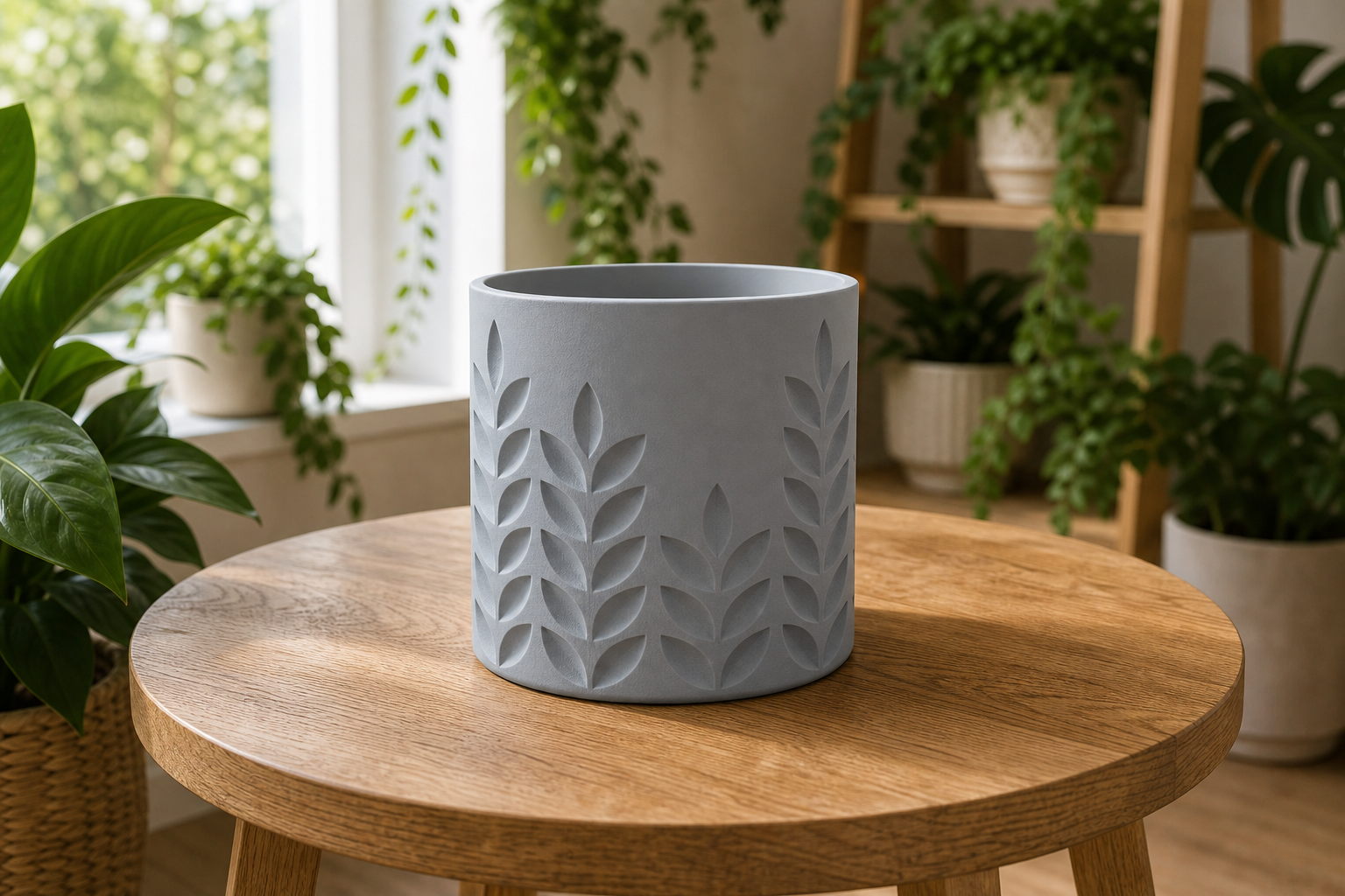 AI lifestylefoto van een mat grijs 3D-geprinte plantenpot met tarwe- en bladreliëf in een groene plantenhoek