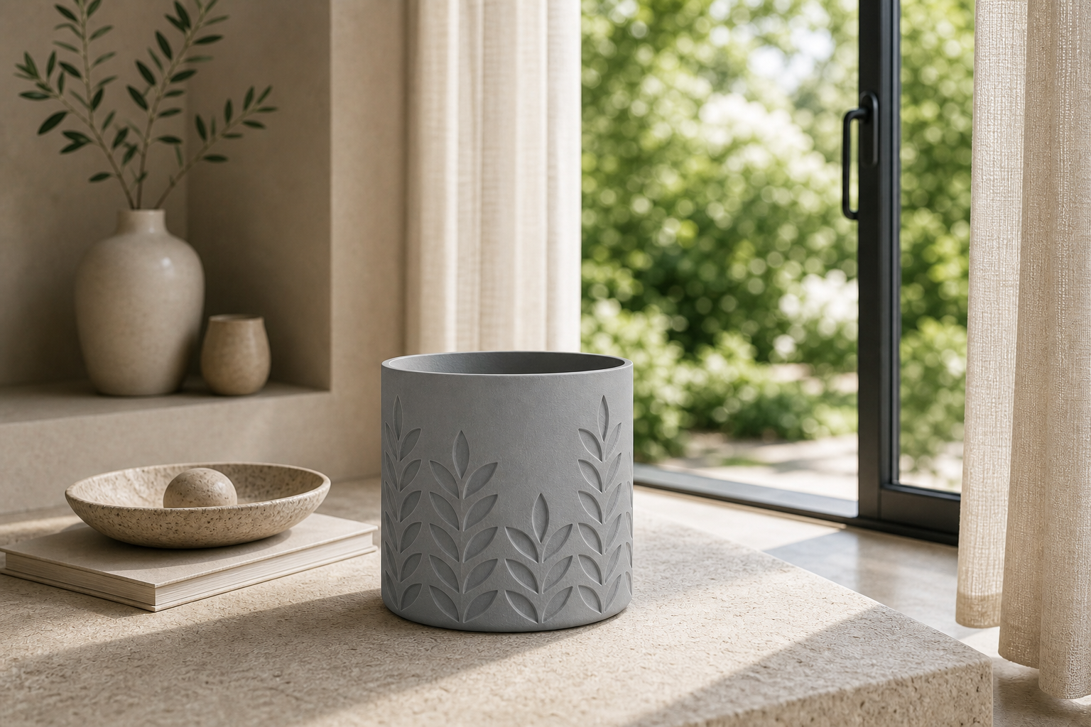 AI lifestylefoto van een mat grijs 3D-geprinte plantenpot met tarwe- en bladreliëf bij een raam met zicht op de tuin