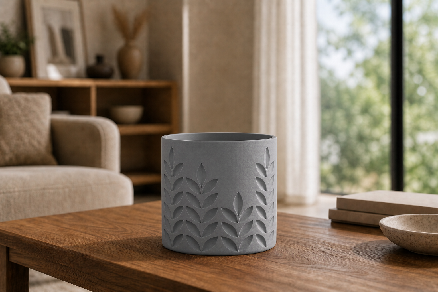 AI lifestylefoto van een mat grijs 3D-geprinte plantenpot met tarwe- en bladreliëf op een salontafel in een moderne woonkamer