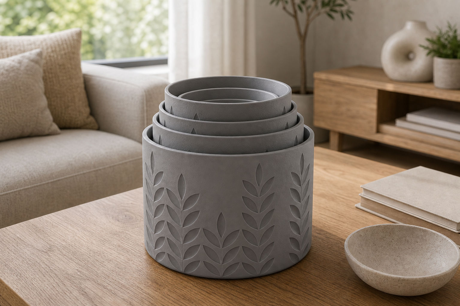 AI productfoto van een nestbare kit van vijf matgrijze 3D-geprinte plantenpotten met tarwe- en bladrelief