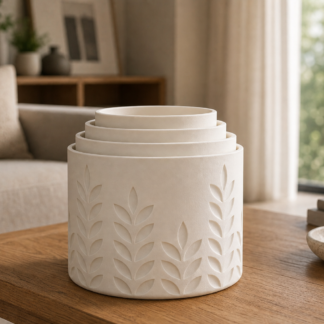 AI productfoto van een nestbare kit van vijf mat ivoorwitte 3D-geprinte plantenpotten met tarwe- en bladrelief