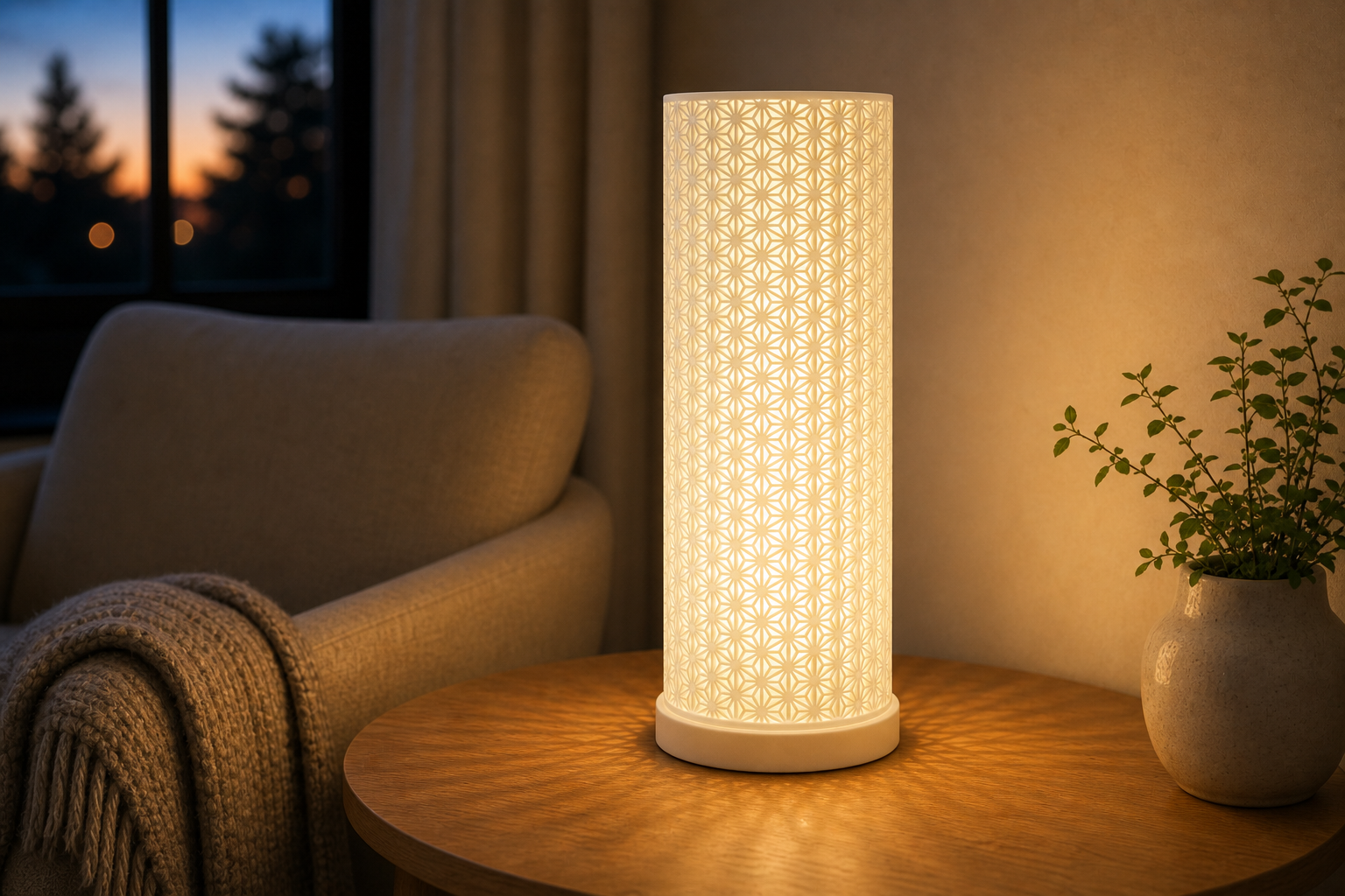 AI productfoto van de SpotOn3D Kumiko LED Large met ronde base en hoge 207,57 mm kap