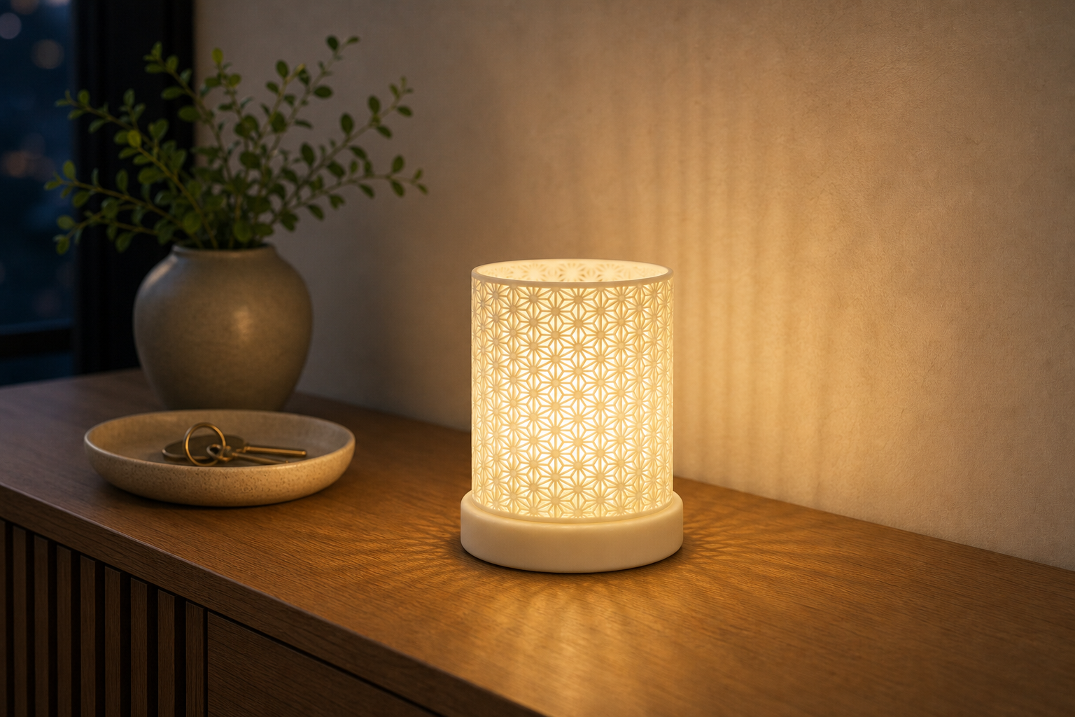 AI productfoto van de SpotOn3D Kumiko LED Medium met lage base en warm LED-licht