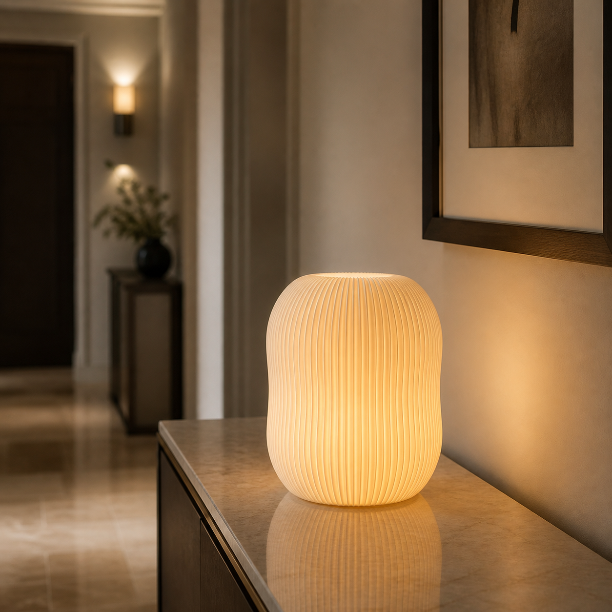 AI productfoto van de SpotOn3D Lantern Shape Type 2 LED Lamp met warm LED-licht op een console in de hal