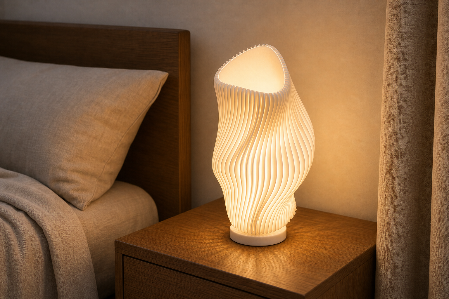 AI productfoto van de SpotOn3D Three Body Problem Lamp met ronde LED Lamp Kit-001 type B voet op een nachtkastje