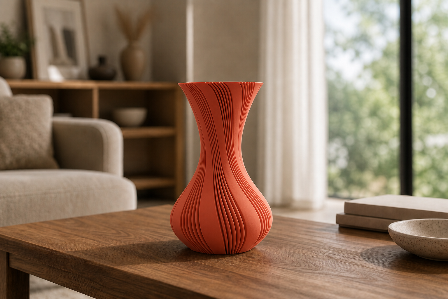 Terracotta geribbelde 3D-geprinte vaas op een houten salontafel in een moderne woonkamer